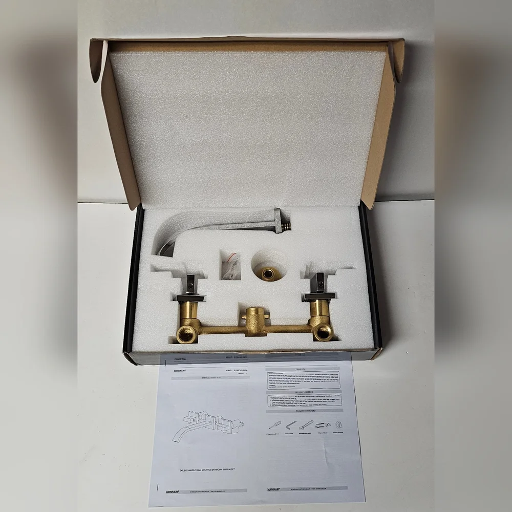 Sumerain Bathroom Sink Faucet and Valves - Wall Mount - Silver & Gold